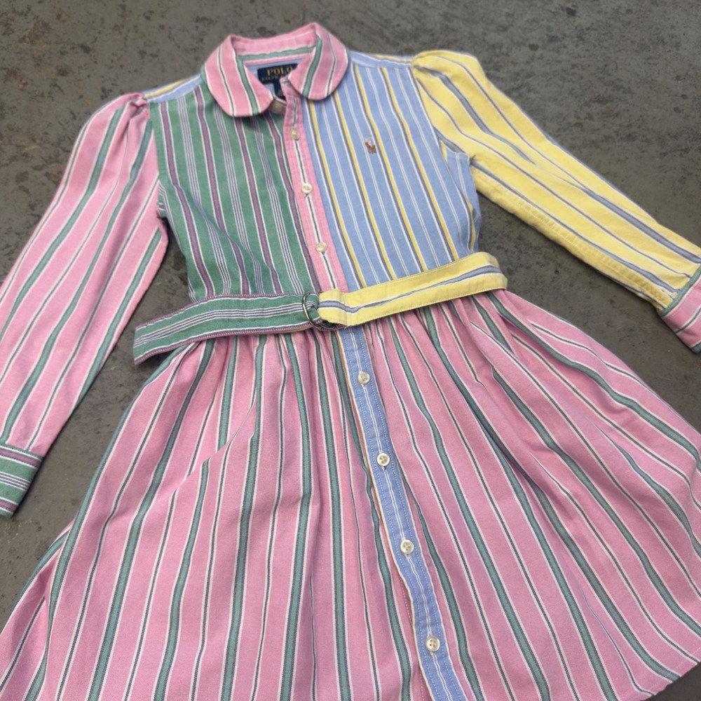 Polo Ralph Lauren Girls Multi Color Fun Stripe Cotton Belted Shirtdress Size 5 - Picture 3 of 6